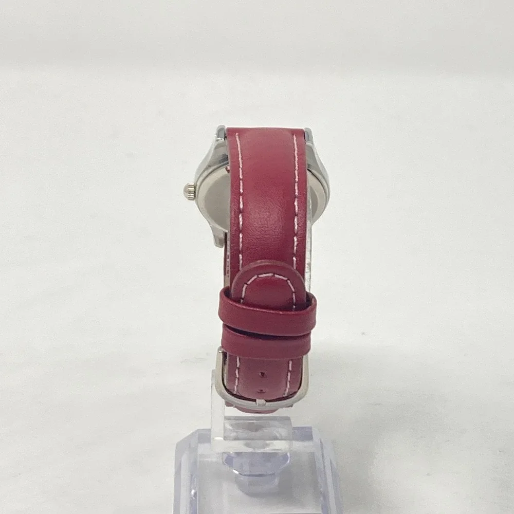 Sharp Womens Easy Reader Watch 29mm Silver Tone Date Red Leather 30M New Battery